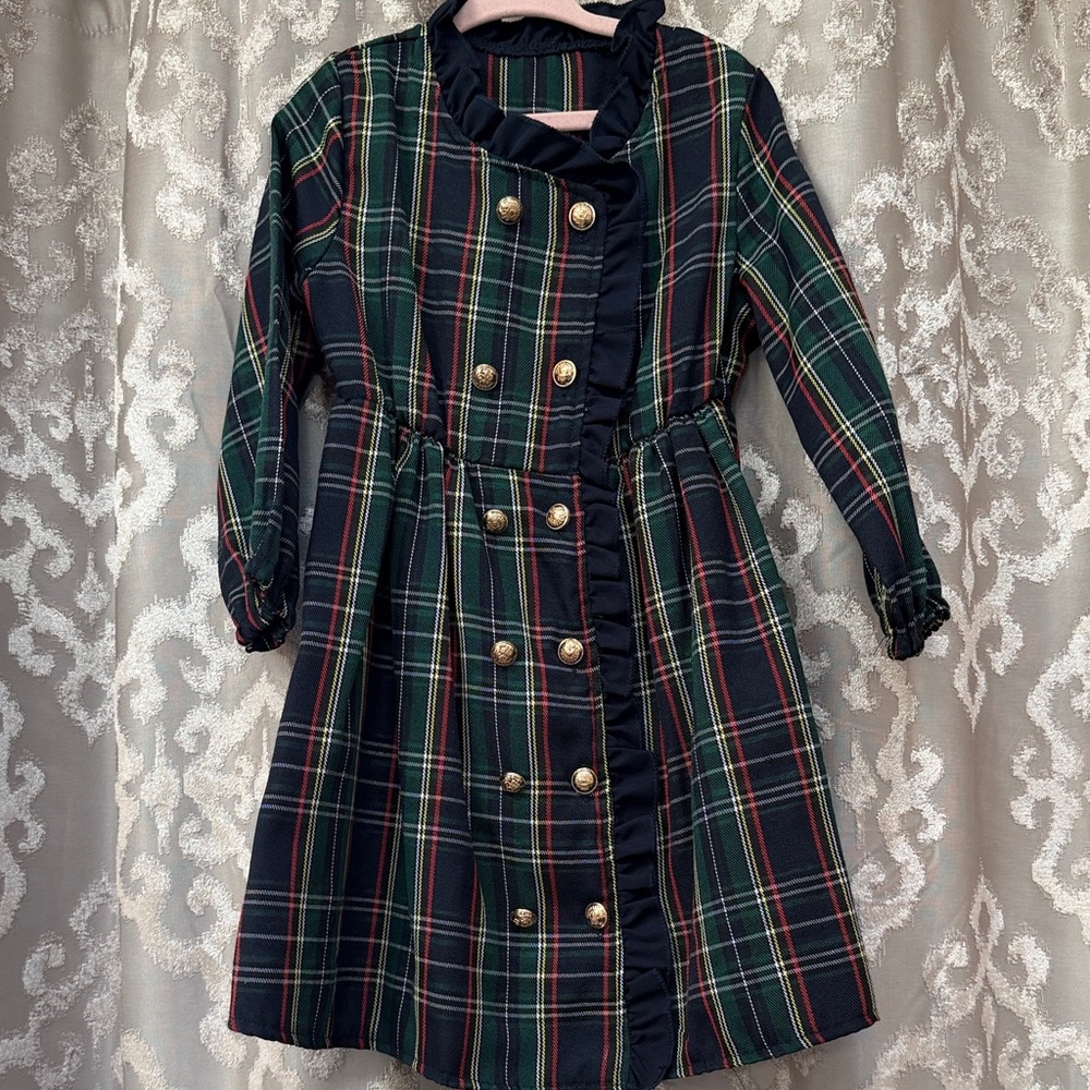 Plaid Double-Breasted Kids Long Sleeve Dress Size 4
